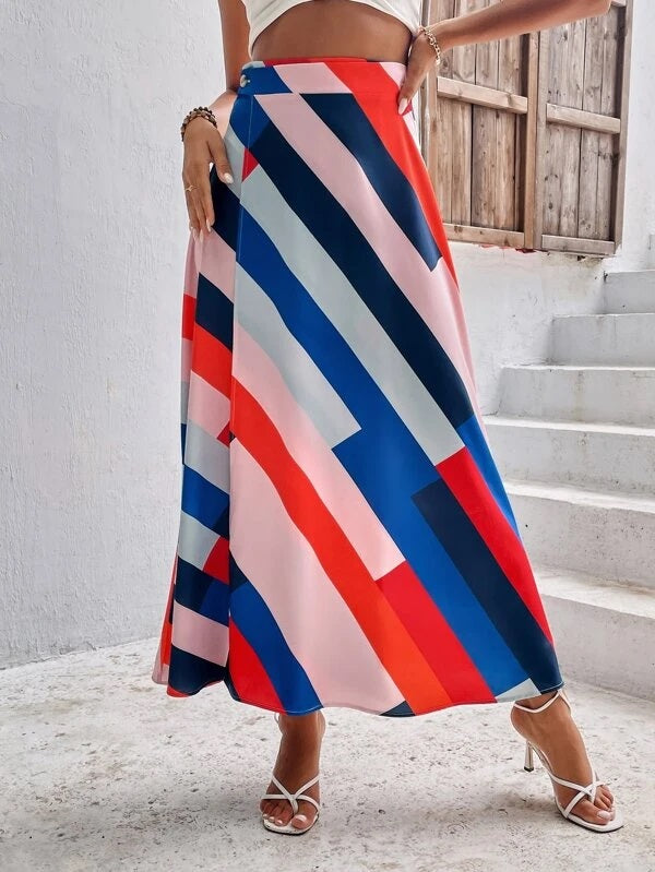 CM-BS861084 Women Trendy Bohemian Style High Waist Block Striped Wrap Skirt