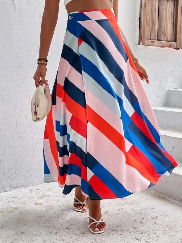 CM-BS861084 Women Trendy Bohemian Style High Waist Block Striped Wrap Skirt