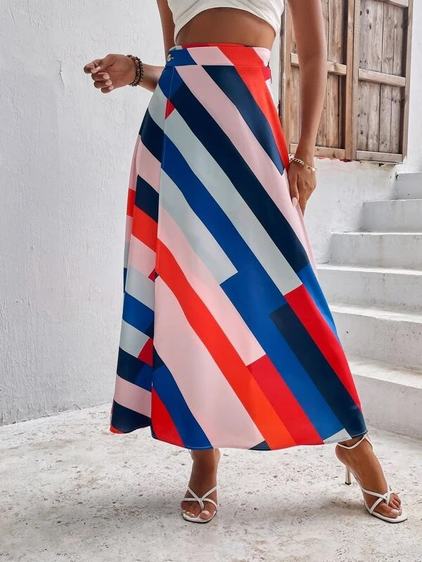 CM-BS861084 Women Trendy Bohemian Style High Waist Block Striped Wrap Skirt