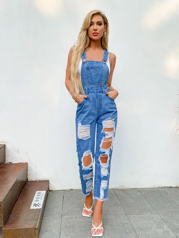 CM-JS203925 Women Preppy Seoul Style Medium Wash Ripped Raw Trim Denim Overalls