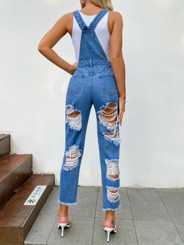 CM-JS203925 Women Preppy Seoul Style Medium Wash Ripped Raw Trim Denim Overalls