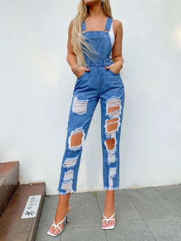 CM-JS203925 Women Preppy Seoul Style Medium Wash Ripped Raw Trim Denim Overalls