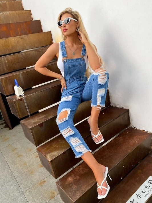 CM-JS203925 Women Preppy Seoul Style Medium Wash Ripped Raw Trim Denim Overalls