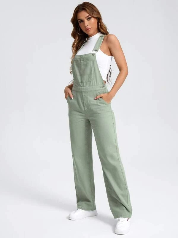 CM-JS564446 Women Preppy Seoul Style Patched Pocket Denim Overalls - Mint Green