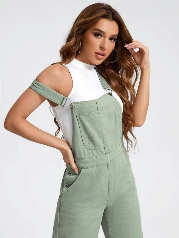 CM-JS564446 Women Preppy Seoul Style Patched Pocket Denim Overalls - Mint Green
