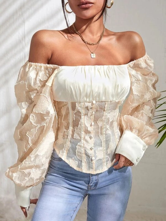 CM-TS511747 Women Casual Seoul Style Jacquard Lantern Sleeve Ruched Bust Satin Blouse