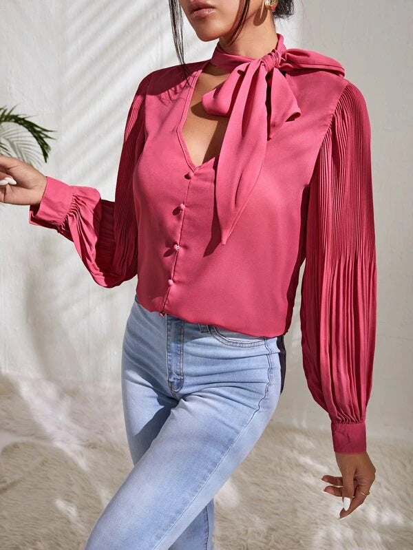 CM-TS364874 Women Elegant Seoul Style Tie Neck Pleated Sleeve Blouse - Hot Pink