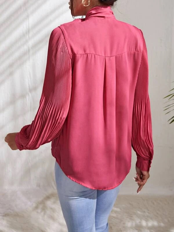 CM-TS364874 Women Elegant Seoul Style Tie Neck Pleated Sleeve Blouse - Hot Pink