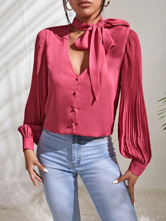 CM-TS364874 Women Elegant Seoul Style Tie Neck Pleated Sleeve Blouse - Hot Pink