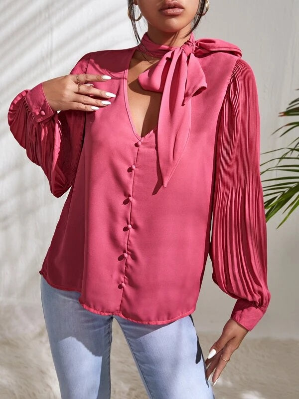 CM-TS364874 Women Elegant Seoul Style Tie Neck Pleated Sleeve Blouse - Hot Pink
