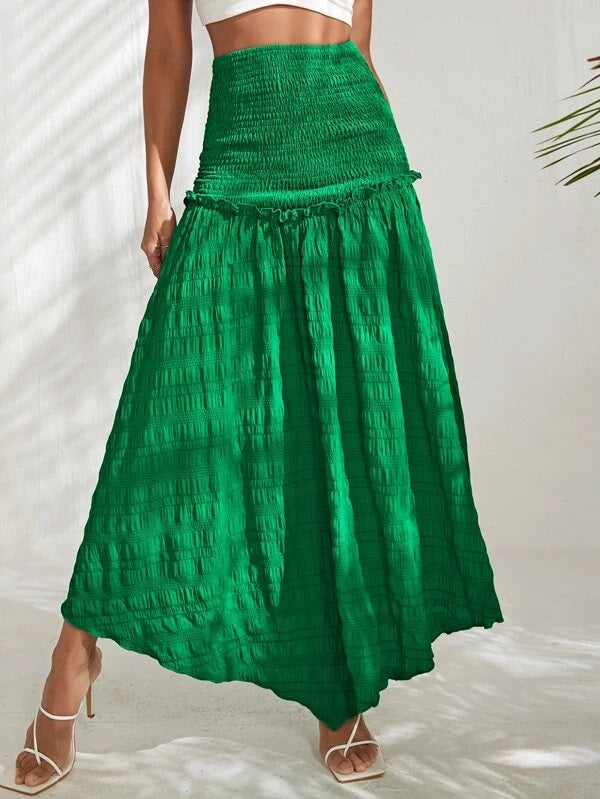 CM-BS453744 Women Trendy Bohemian Style High Waist Shirred Frilled Skirt - Green