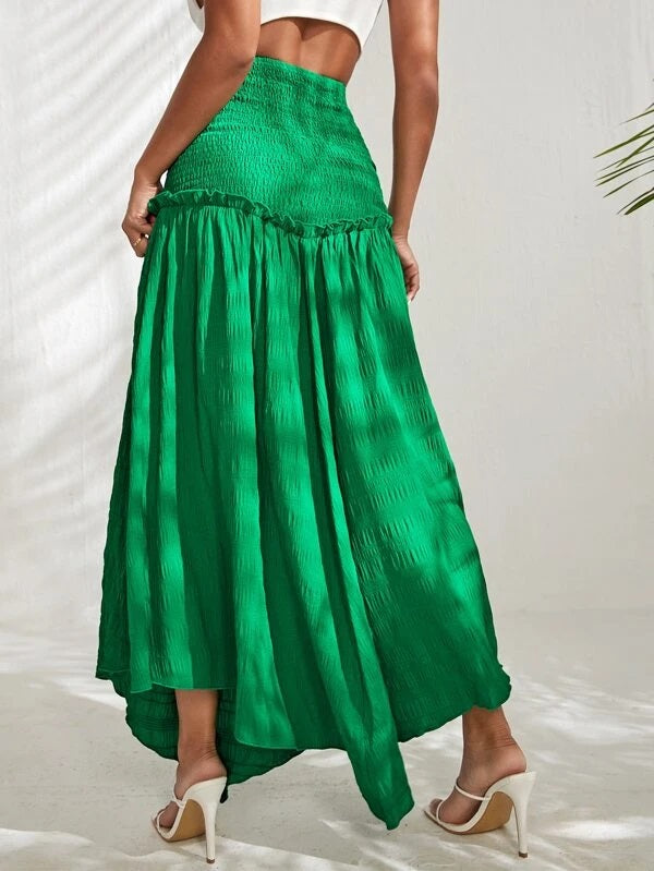 CM-BS453744 Women Trendy Bohemian Style High Waist Shirred Frilled Skirt - Green