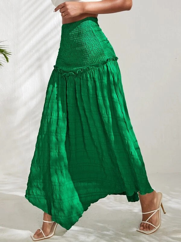 CM-BS453744 Women Trendy Bohemian Style High Waist Shirred Frilled Skirt - Green