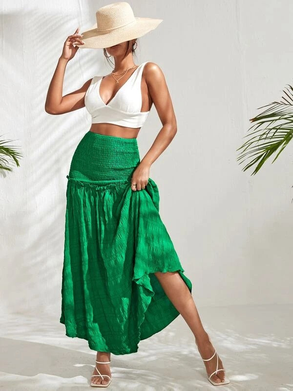 CM-BS453744 Women Trendy Bohemian Style High Waist Shirred Frilled Skirt - Green