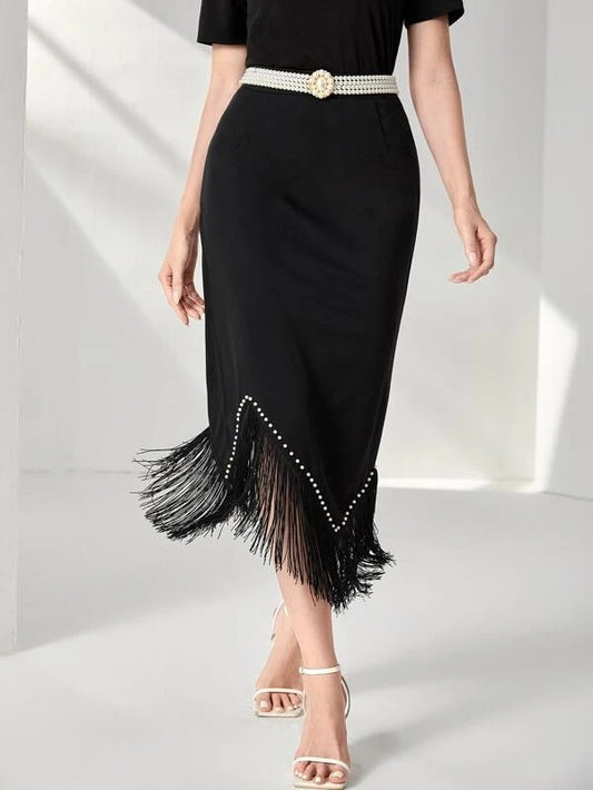 CM-BS150010 Women Elegant Seoul Style Pearl Beaded Fringe Asymmetrical Hem Skirt - Black