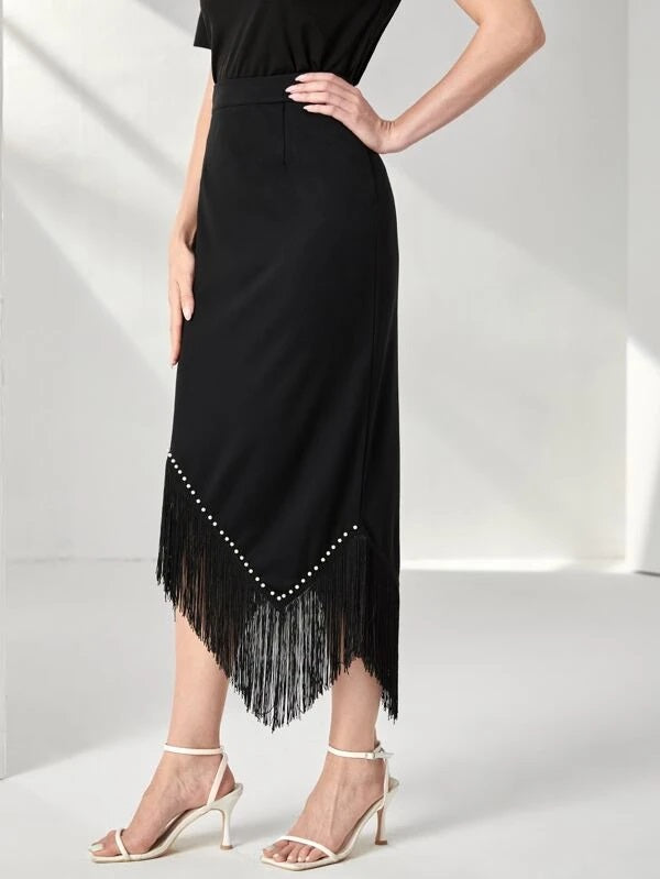 CM-BS150010 Women Elegant Seoul Style Pearl Beaded Fringe Asymmetrical Hem Skirt - Black