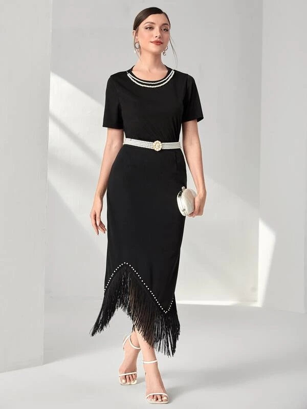 CM-BS150010 Women Elegant Seoul Style Pearl Beaded Fringe Asymmetrical Hem Skirt - Black