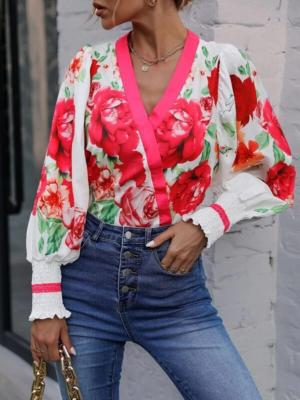 CM-TS993629 Women Casual Seoul Style Floral Print Shirred Cuff Lantern Sleeve Blouse