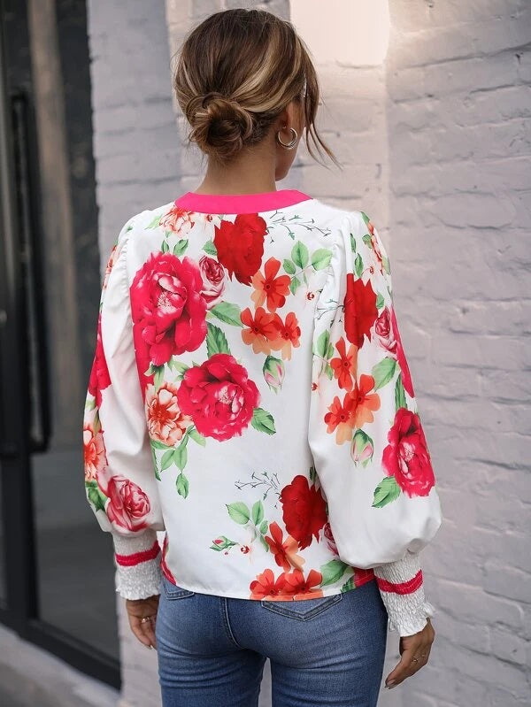 CM-TS993629 Women Casual Seoul Style Floral Print Shirred Cuff Lantern Sleeve Blouse