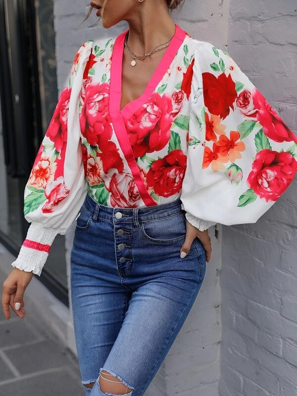 CM-TS993629 Women Casual Seoul Style Floral Print Shirred Cuff Lantern Sleeve Blouse