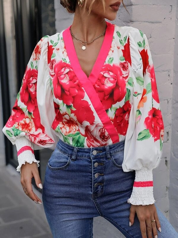 CM-TS993629 Women Casual Seoul Style Floral Print Shirred Cuff Lantern Sleeve Blouse