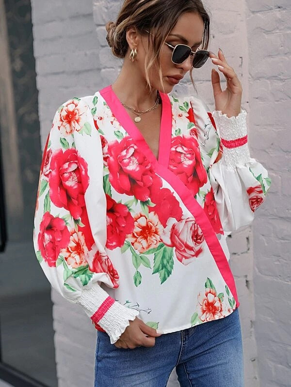 CM-TS993629 Women Casual Seoul Style Floral Print Shirred Cuff Lantern Sleeve Blouse