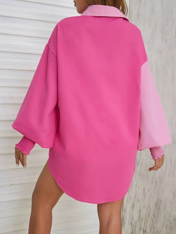 CM-TS326604 Women Casual Seoul Style Two Tone Shirred Cuff Lantern Sleeve Shirt