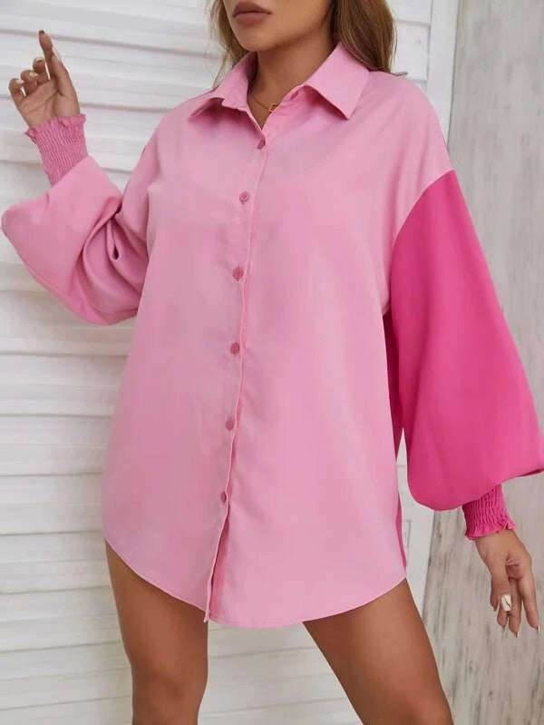 CM-TS326604 Women Casual Seoul Style Two Tone Shirred Cuff Lantern Sleeve Shirt