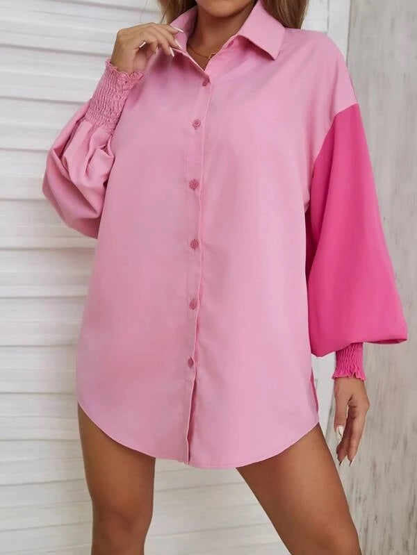 CM-TS326604 Women Casual Seoul Style Two Tone Shirred Cuff Lantern Sleeve Shirt
