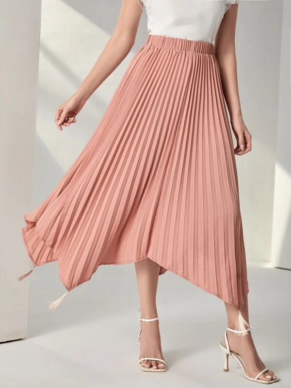 CM-BS503207 Women Elegant Seoul Style Tassel Asymmetrical Hem Pleated Skirt - Coral Pink