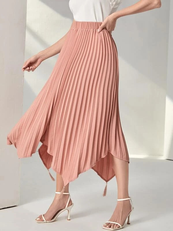 CM-BS503207 Women Elegant Seoul Style Tassel Asymmetrical Hem Pleated Skirt - Coral Pink