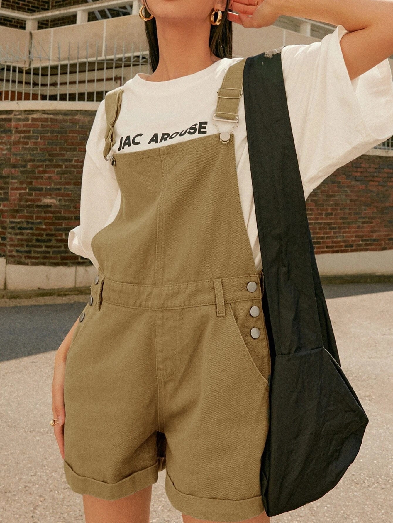 CM-JS212737 Women Preppy Seoul Style Roll Hem Slant Pocket Denim Overall Jumpsuit - Khaki