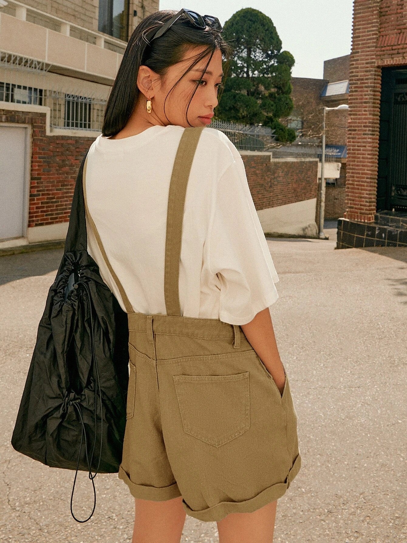CM-JS212737 Women Preppy Seoul Style Roll Hem Slant Pocket Denim Overall Jumpsuit - Khaki