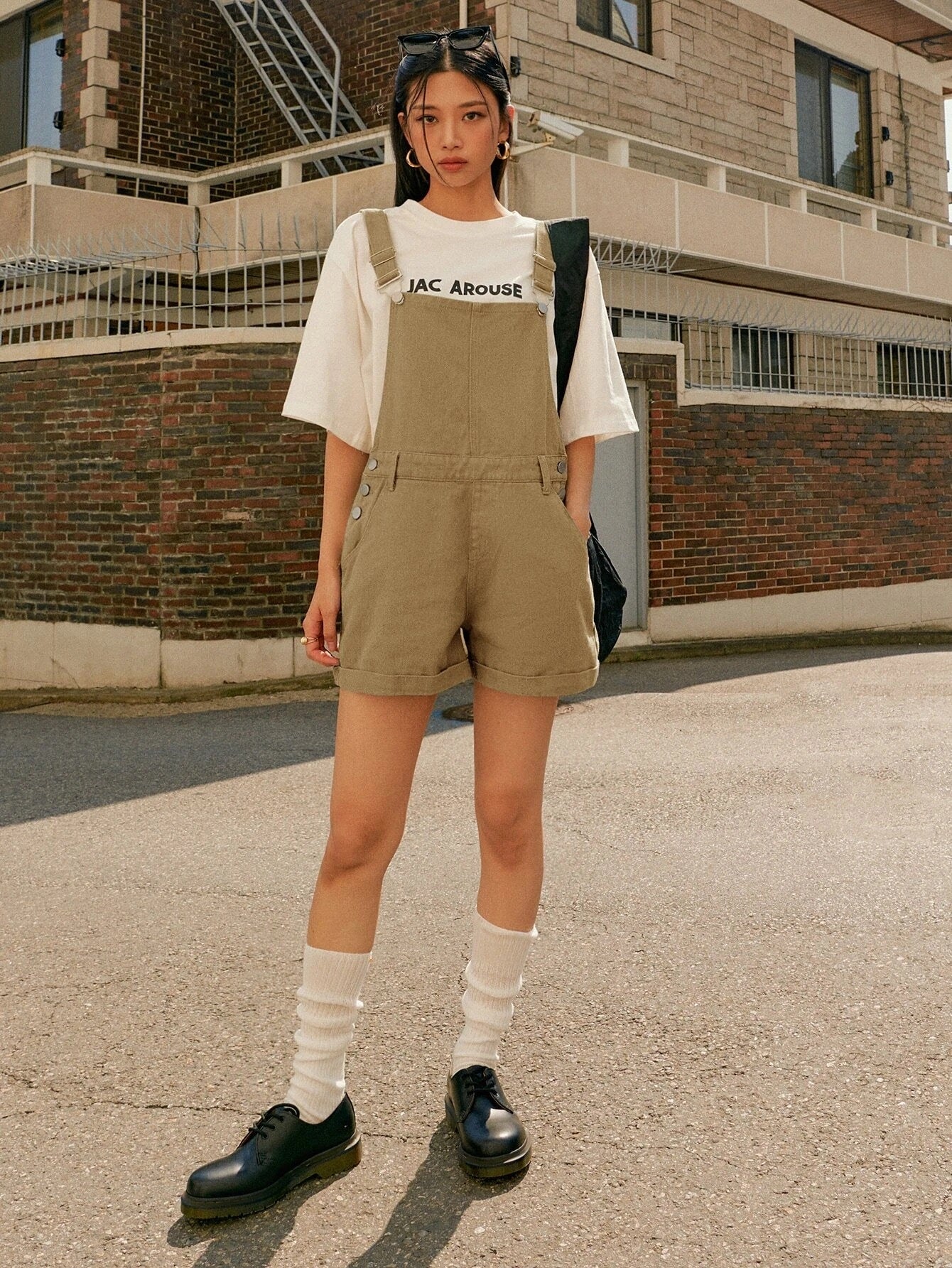 CM-JS212737 Women Preppy Seoul Style Roll Hem Slant Pocket Denim Overall Jumpsuit - Khaki