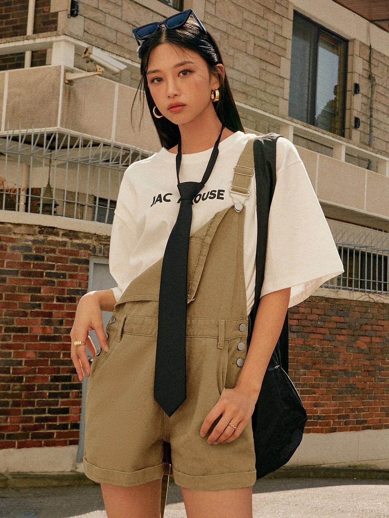 CM-JS212737 Women Preppy Seoul Style Roll Hem Slant Pocket Denim Overall Jumpsuit - Khaki