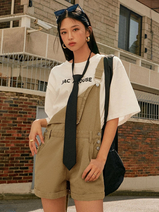 CM-JS212737 Women Preppy Seoul Style Roll Hem Slant Pocket Denim Overall Jumpsuit - Khaki