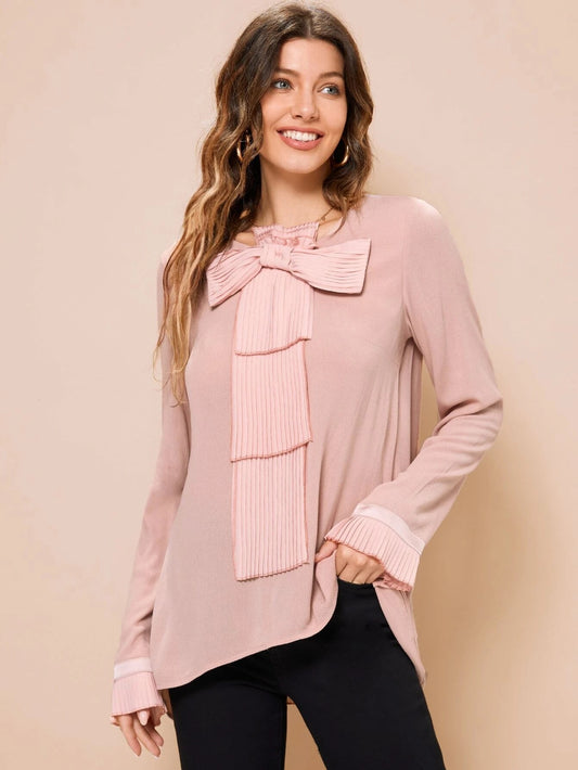 CM-TS499387 Women Elegant Seoul Style Bow Front Fold Pleated Long Sleeve Blouse - Dusty Pink