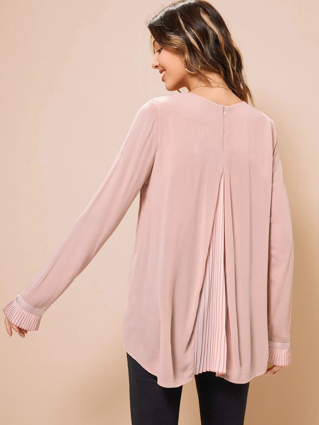 CM-TS499387 Women Elegant Seoul Style Bow Front Fold Pleated Long Sleeve Blouse - Dusty Pink