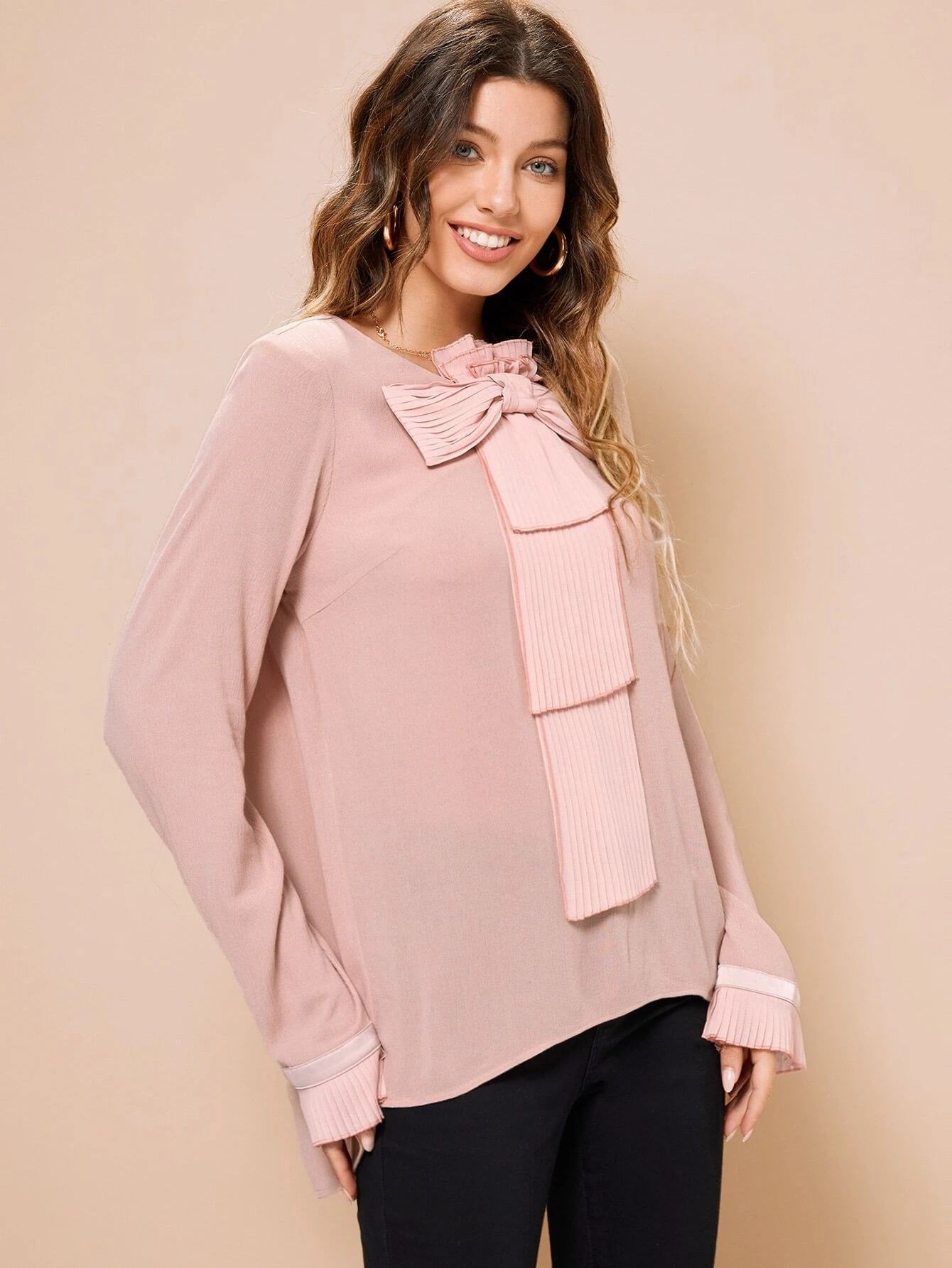 CM-TS499387 Women Elegant Seoul Style Bow Front Fold Pleated Long Sleeve Blouse - Dusty Pink