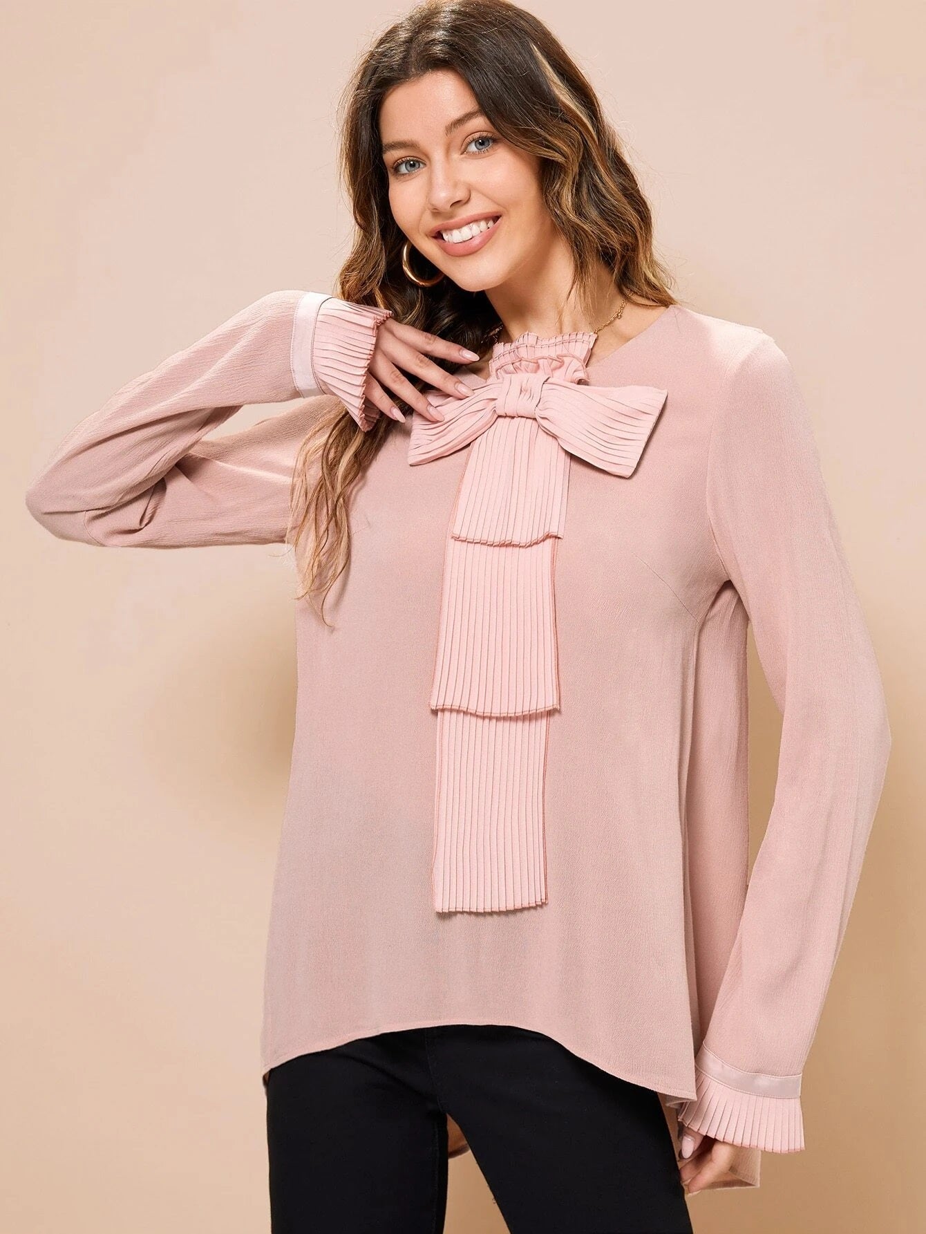 CM-TS499387 Women Elegant Seoul Style Bow Front Fold Pleated Long Sleeve Blouse - Dusty Pink