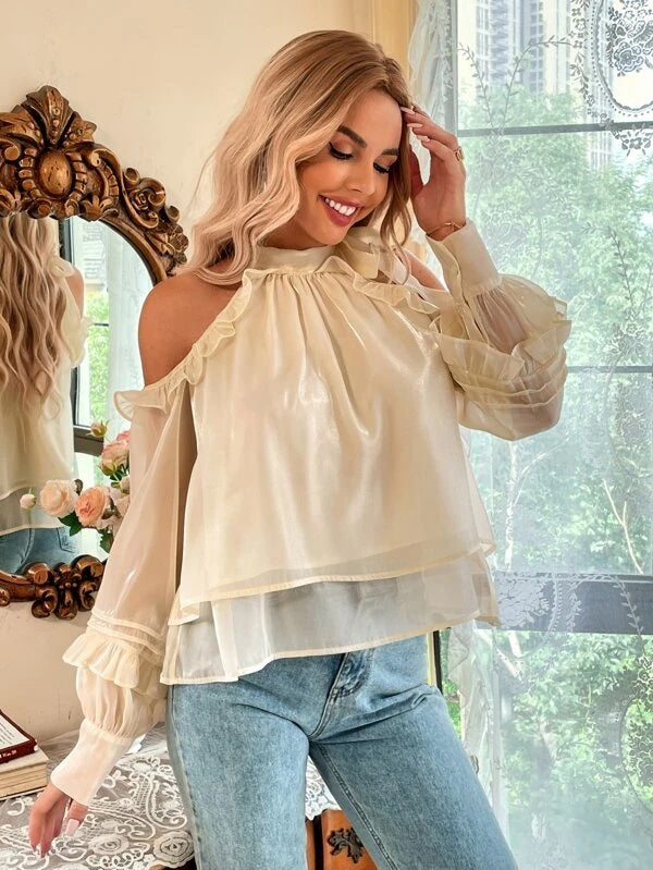 CM-TS858706 Women Romantic Seoul Style Cold Shoulder Tie Neck Bishop Sleeve Blouse - Apricot