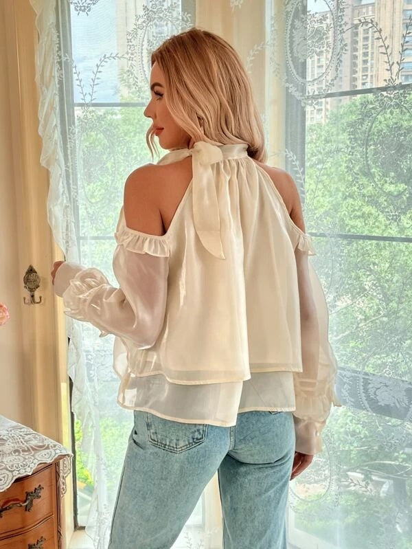 CM-TS858706 Women Romantic Seoul Style Cold Shoulder Tie Neck Bishop Sleeve Blouse - Apricot