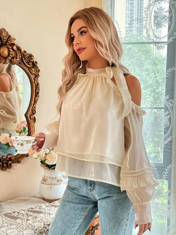 CM-TS858706 Women Romantic Seoul Style Cold Shoulder Tie Neck Bishop Sleeve Blouse - Apricot