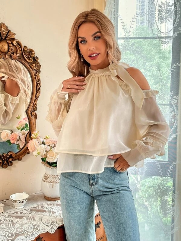 CM-TS858706 Women Romantic Seoul Style Cold Shoulder Tie Neck Bishop Sleeve Blouse - Apricot