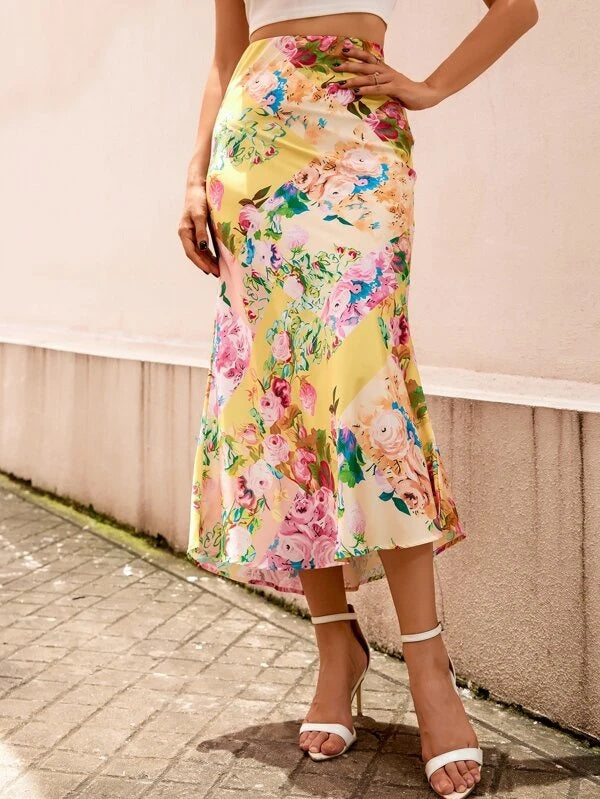CM-BS583925 Women Trendy Bohemian Style Floral Print High Waist Skirt