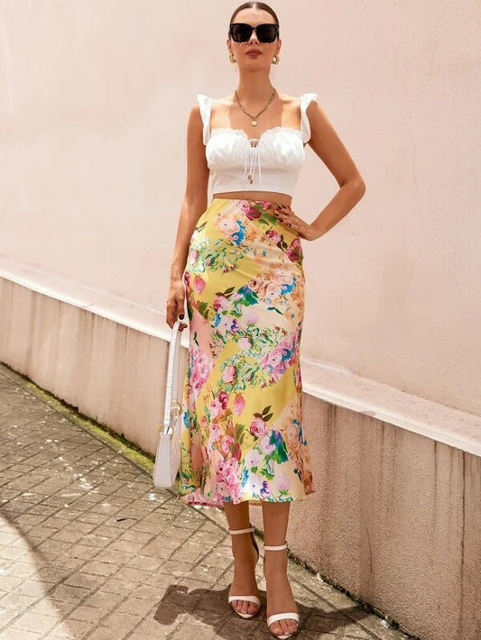 CM-BS583925 Women Trendy Bohemian Style Floral Print High Waist Skirt