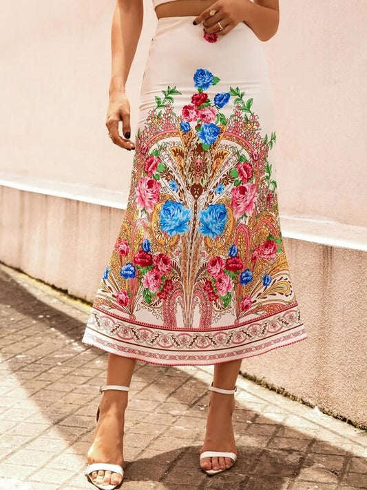 CM-BS754366 Women Trendy Bohemian Style High Waist Floral Print Skirt