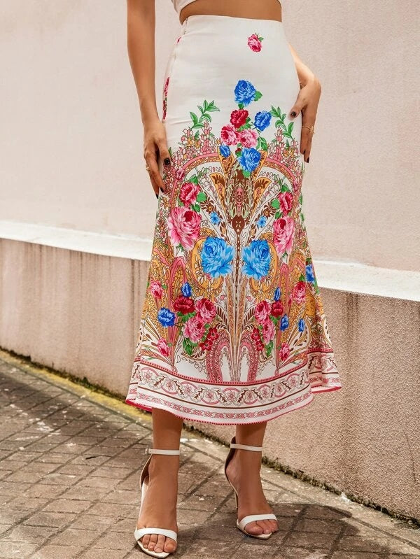 CM-BS754366 Women Trendy Bohemian Style High Waist Floral Print Skirt