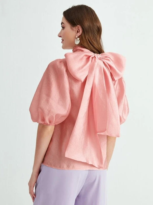 CM-TS028887 Women Casual Seoul Style Tie Back Puff Sleeve Mock Neck Blouse - Pink