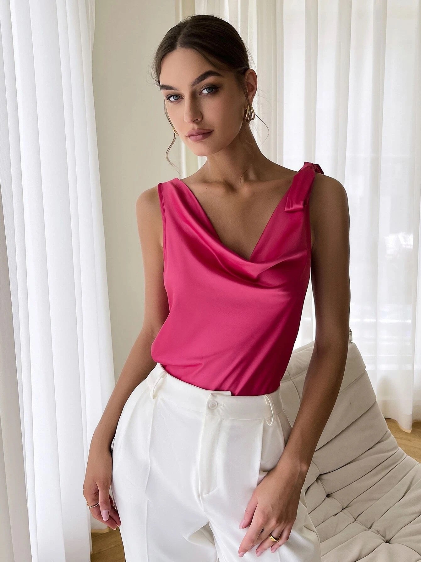 CM-TS355211 Women Elegant Seoul Style Sleeveless Satin Cowl Neck Solid Blouse